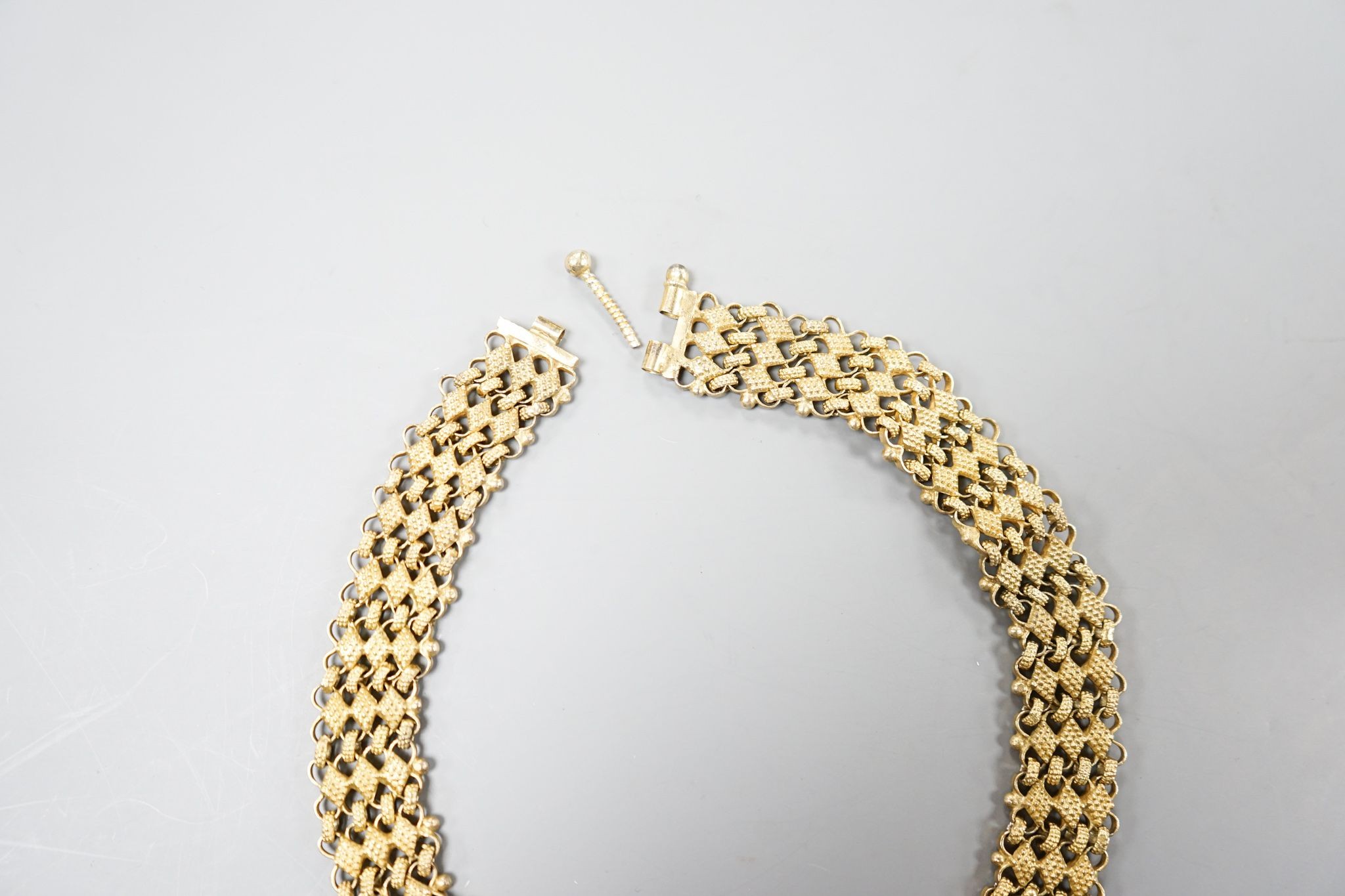 A continental gilt white metal fancy link necklace, approx. 38cm, gross weight 93 grams.